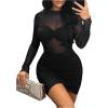 imageWomens See Through Summer Dresses Mock Neck Long Sleeve Mini Dress Party Bodycon Pencil DressesBlack