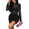 imageWomens See Through Summer Dresses Mock Neck Long Sleeve Mini Dress Party Bodycon Pencil DressesBlack