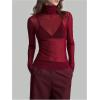 imageWomens Sheer Mesh High Neck T Shirts Long Sleeve Slim Fit Tee Tops ClubwearBurgundy
