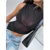 imageWomens Sheer Mesh Mock Neck Tank Tops Sleeveless Asymmetrical Hem Crop Tops ClubwearBlack