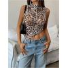 imageWomens Sheer Mesh Mock Neck Tank Tops Sleeveless Asymmetrical Hem Crop Tops ClubwearBrown