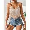 imageWomens Sleeveless Fringe Camisole Tops V Neck Spaghetti Strap Summer Cami ShirtsKhaki