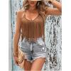 imageWomens Sleeveless Fringe Camisole Tops V Neck Spaghetti Strap Summer Cami ShirtsMocha Brown
