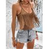 imageWomens Sleeveless Fringe Camisole Tops V Neck Spaghetti Strap Summer Cami ShirtsMocha Brown