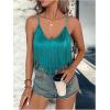 imageWomens Sleeveless Fringe Camisole Tops V Neck Spaghetti Strap Summer Cami ShirtsPure Green