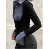imageWomens Striped Button Front Collared Blouse Shirts Long Sleeve Slim Fit Asymmetrical Hem Work TopsDark Blue