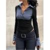 imageWomens Striped Button Front Collared Blouse Shirts Long Sleeve Slim Fit Asymmetrical Hem Work TopsDark Blue