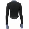 imageWomens Striped Button Front Collared Blouse Shirts Long Sleeve Slim Fit Asymmetrical Hem Work TopsDark Blue