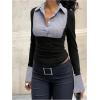 imageWomens Striped Button Front Collared Blouse Shirts Long Sleeve Slim Fit Asymmetrical Hem Work TopsDusty Purple