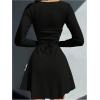 imageWomens Tie Back Knit Bodycon Mini Dress Long Sleeve Crew Neck Lettuce Trim Fall T Shirt DressesBlack