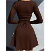 imageWomens Tie Back Knit Bodycon Mini Dress Long Sleeve Crew Neck Lettuce Trim Fall T Shirt DressesBrown