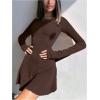 imageWomens Tie Back Knit Bodycon Mini Dress Long Sleeve Crew Neck Lettuce Trim Fall T Shirt DressesBrown