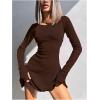 imageWomens Tie Back Knit Bodycon Mini Dress Long Sleeve Crew Neck Lettuce Trim Fall T Shirt DressesBrown