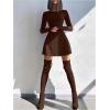 imageWomens Tie Back Knit Bodycon Mini Dress Long Sleeve Crew Neck Lettuce Trim Fall T Shirt DressesBrown