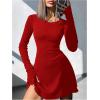 imageWomens Tie Back Knit Bodycon Mini Dress Long Sleeve Crew Neck Lettuce Trim Fall T Shirt DressesRed