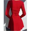 imageWomens Tie Back Knit Bodycon Mini Dress Long Sleeve Crew Neck Lettuce Trim Fall T Shirt DressesRed