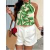 imageWomens Tropical Paisley Print Halter Blouse Sleeveless Boho Shirt Tops Button Back Vacation TopsBeige Green