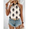 imageWomens Tropical Paisley Print Halter Blouse Sleeveless Boho Shirt Tops Button Back Vacation TopsBlack Apricot