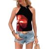 imageWomens Tropical Paisley Print Halter Blouse Sleeveless Boho Shirt Tops Button Back Vacation TopsBlack and Red