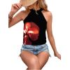 imageWomens Tropical Paisley Print Halter Blouse Sleeveless Boho Shirt Tops Button Back Vacation TopsBlack and Red
