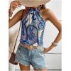 imageWomens Tropical Paisley Print Halter Blouse Sleeveless Boho Shirt Tops Button Back Vacation TopsBlue