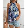 imageWomens Tropical Paisley Print Halter Blouse Sleeveless Boho Shirt Tops Button Back Vacation TopsBlue