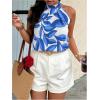 imageWomens Tropical Paisley Print Halter Blouse Sleeveless Boho Shirt Tops Button Back Vacation TopsBlue and White