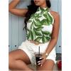 imageWomens Tropical Paisley Print Halter Blouse Sleeveless Boho Shirt Tops Button Back Vacation TopsGreen and White
