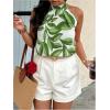 imageWomens Tropical Paisley Print Halter Blouse Sleeveless Boho Shirt Tops Button Back Vacation TopsGreen and White