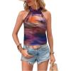 imageWomens Tropical Paisley Print Halter Blouse Sleeveless Boho Shirt Tops Button Back Vacation TopsOrange and Purple