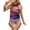 imageWomens Tropical Paisley Print Halter Blouse Sleeveless Boho Shirt Tops Button Back Vacation TopsOrange and Purple