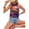 imageWomens Tropical Paisley Print Halter Blouse Sleeveless Boho Shirt Tops Button Back Vacation TopsOrange and Purple