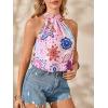 imageWomens Tropical Paisley Print Halter Blouse Sleeveless Boho Shirt Tops Button Back Vacation TopsPink and Blue