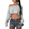 imageWomens Asymmetrical Off Shoulder Crop Tops Long Sleeve Ribbed Knit Lettuce Trim T ShirtsLight Grey