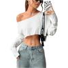 imageWomens Asymmetrical Off Shoulder Crop Tops Long Sleeve Ribbed Knit Lettuce Trim T ShirtsWhite