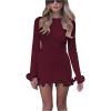 imageWomens Boat Neck Ruffle Wave Edge Bodycon Pencil Dress Long Sleeve Party Night Out Mini DressesBurgundy