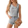 imageWomens Button Asymmetrical V Neck Striped Print Blouses Casual Sleeveless Tank Top Summer Shirt TopsBlack White Striped