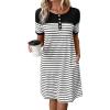 imageWomens Casual Summer Dresses 2025 Short Sleeve Crewneck Striped Button Front Mini Tshirt Dress with PocketsWhite