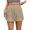 imageWomens Elastic High Waisted Track Shorts Casual Wide Leg Textured Drawstring Mini ShortsDeep Khaki