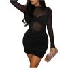 imageWomens See Through Summer Dresses Mock Neck Long Sleeve Mini Dress Party Bodycon Pencil DressesBlack