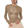 imageWomens Sheer Mesh Long Sleeve T Shirts Boat Neck Slim Fit Tee Tops Going Out See Through ShirtsKhaki