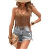 imageWomens Sleeveless Fringe Camisole Tops V Neck Spaghetti Strap Summer Cami ShirtsMocha Brown