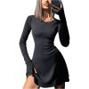 imageWomens Tie Back Knit Bodycon Mini Dress Long Sleeve Crew Neck Lettuce Trim Fall T Shirt DressesBlack