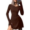 imageWomens Tie Back Knit Bodycon Mini Dress Long Sleeve Crew Neck Lettuce Trim Fall T Shirt DressesBrown