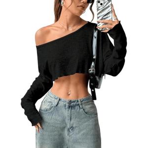 imageWomens Asymmetrical Off Shoulder Crop Tops Long Sleeve Ribbed Knit Lettuce Trim T ShirtsBlack