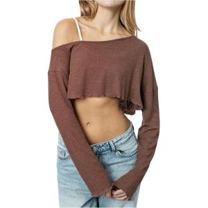 imageWomens Asymmetrical Off Shoulder Crop Tops Long Sleeve Ribbed Knit Lettuce Trim T ShirtsCoffee Brown