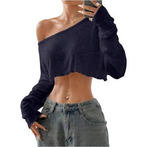 imageWomens Asymmetrical Off Shoulder Crop Tops Long Sleeve Ribbed Knit Lettuce Trim T ShirtsDeep Blue