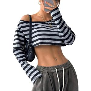 imageWomens Asymmetrical Off Shoulder Crop Tops Long Sleeve Ribbed Knit Lettuce Trim T ShirtsGrey