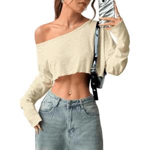 imageWomens Asymmetrical Off Shoulder Crop Tops Long Sleeve Ribbed Knit Lettuce Trim T ShirtsKhaki