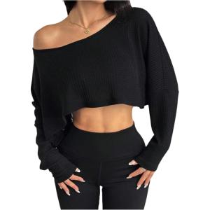 imageWomens Asymmetrical Off Shoulder Crop Tops Long Sleeve Ribbed Knit Lettuce Trim T ShirtsPure Black